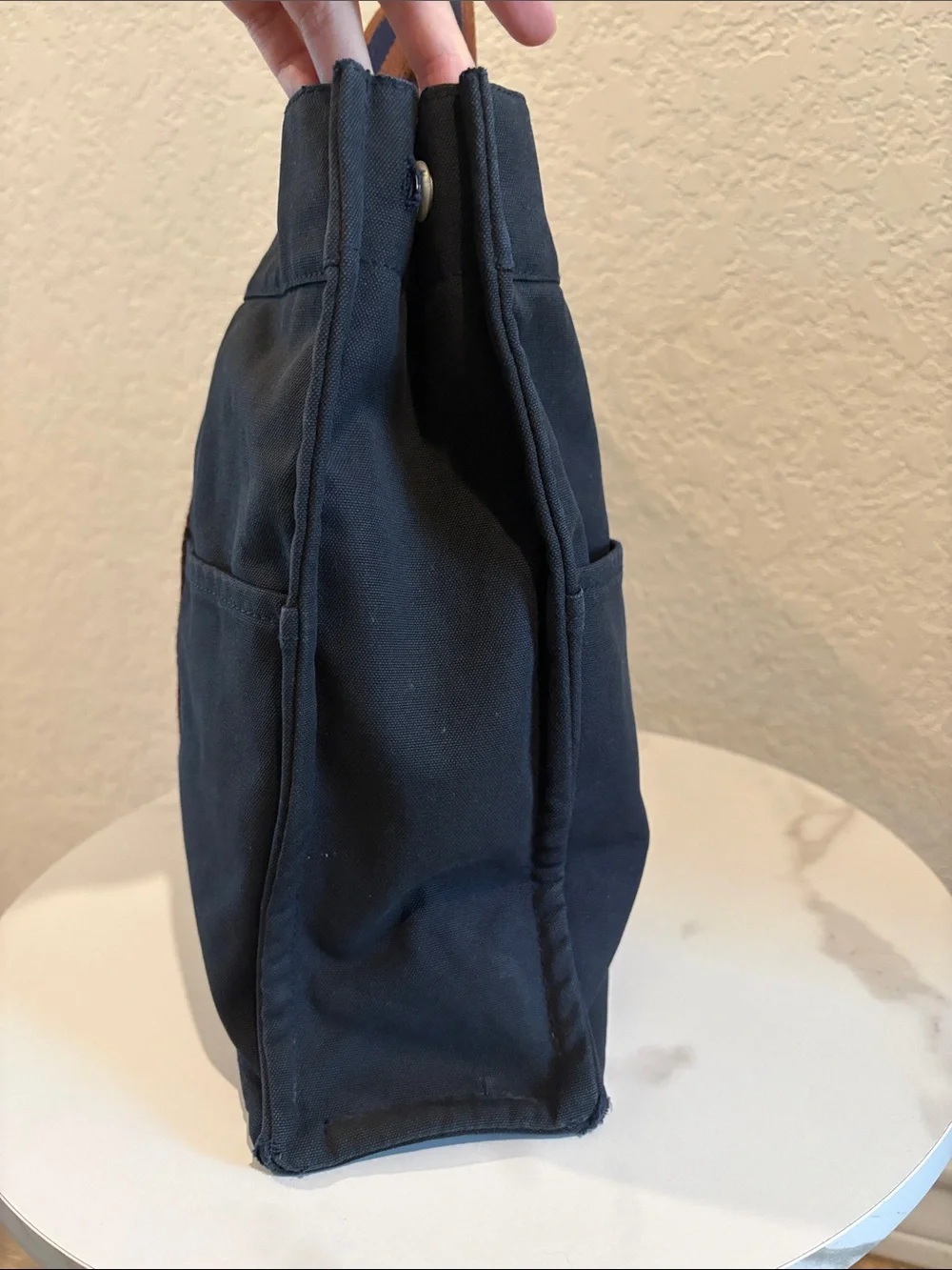 Hermes 12x17 ” Canvas Tote Unisex - Navy with Brown Straps Handbag